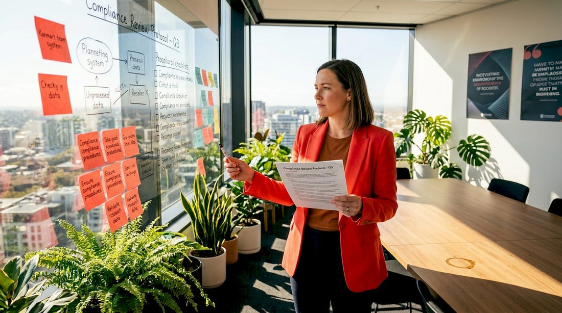 Researcher reviews compliance framework in office